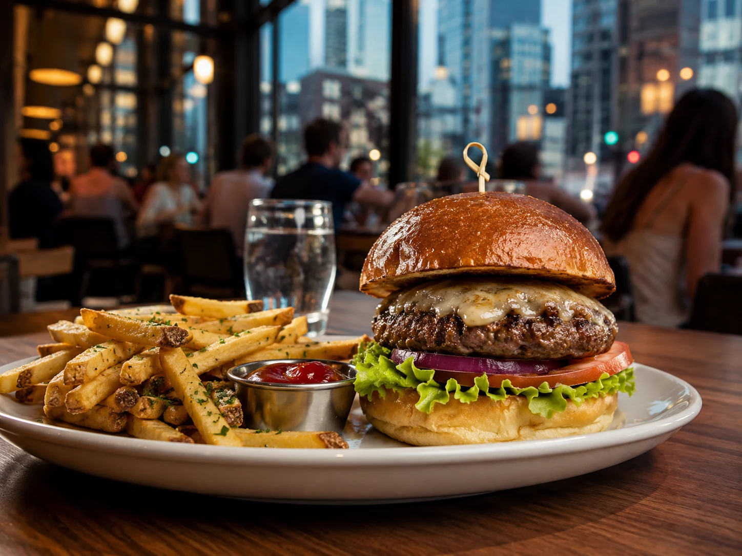 Burger and fries at a casual Downtown Chicago restaurant during dinner service