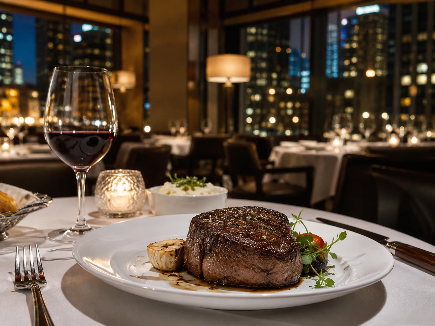 Romantic fine dining table setting in Downtown Chicago with skyline views at night