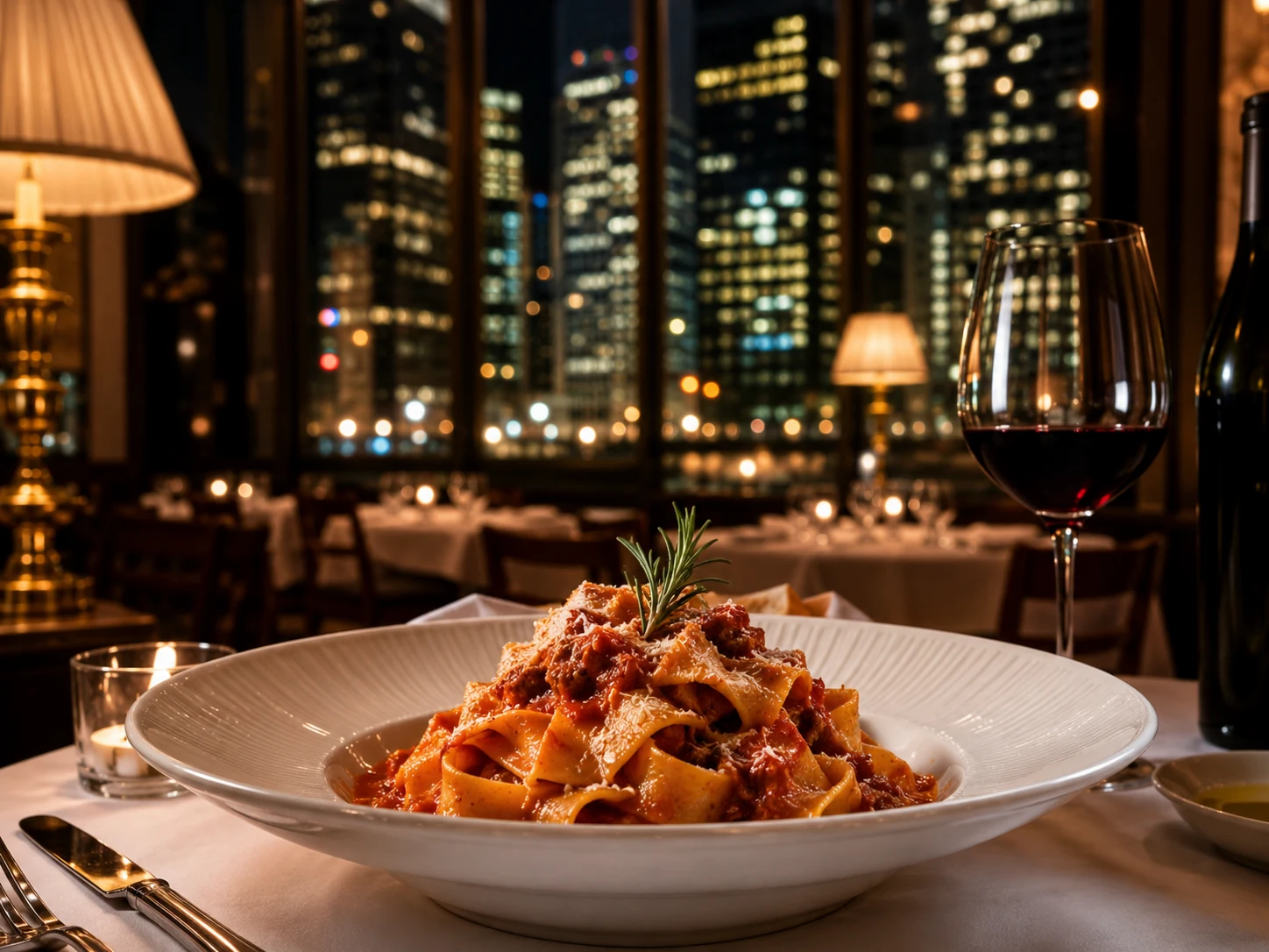 Italian pasta dinner in a Downtown Chicago restaurant with city lights in the background