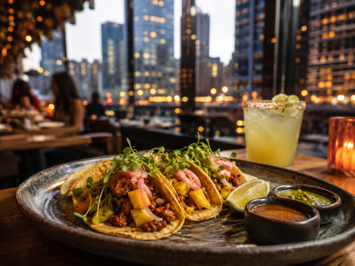 Mexican tacos and cocktails at a Downtown Chicago restaurant with city views