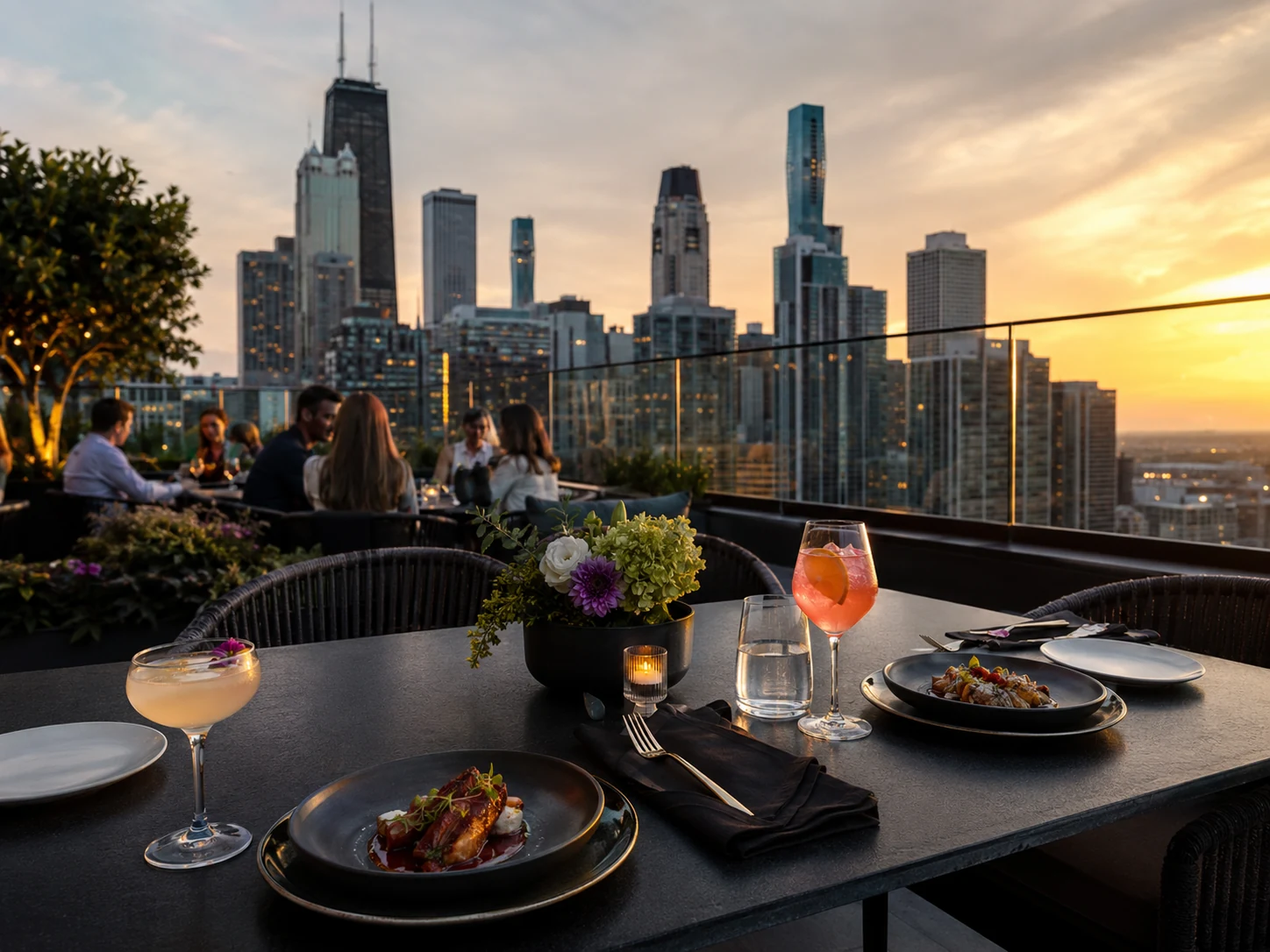 Rooftop restaurant dining in Downtown Chicago with skyline views at sunset