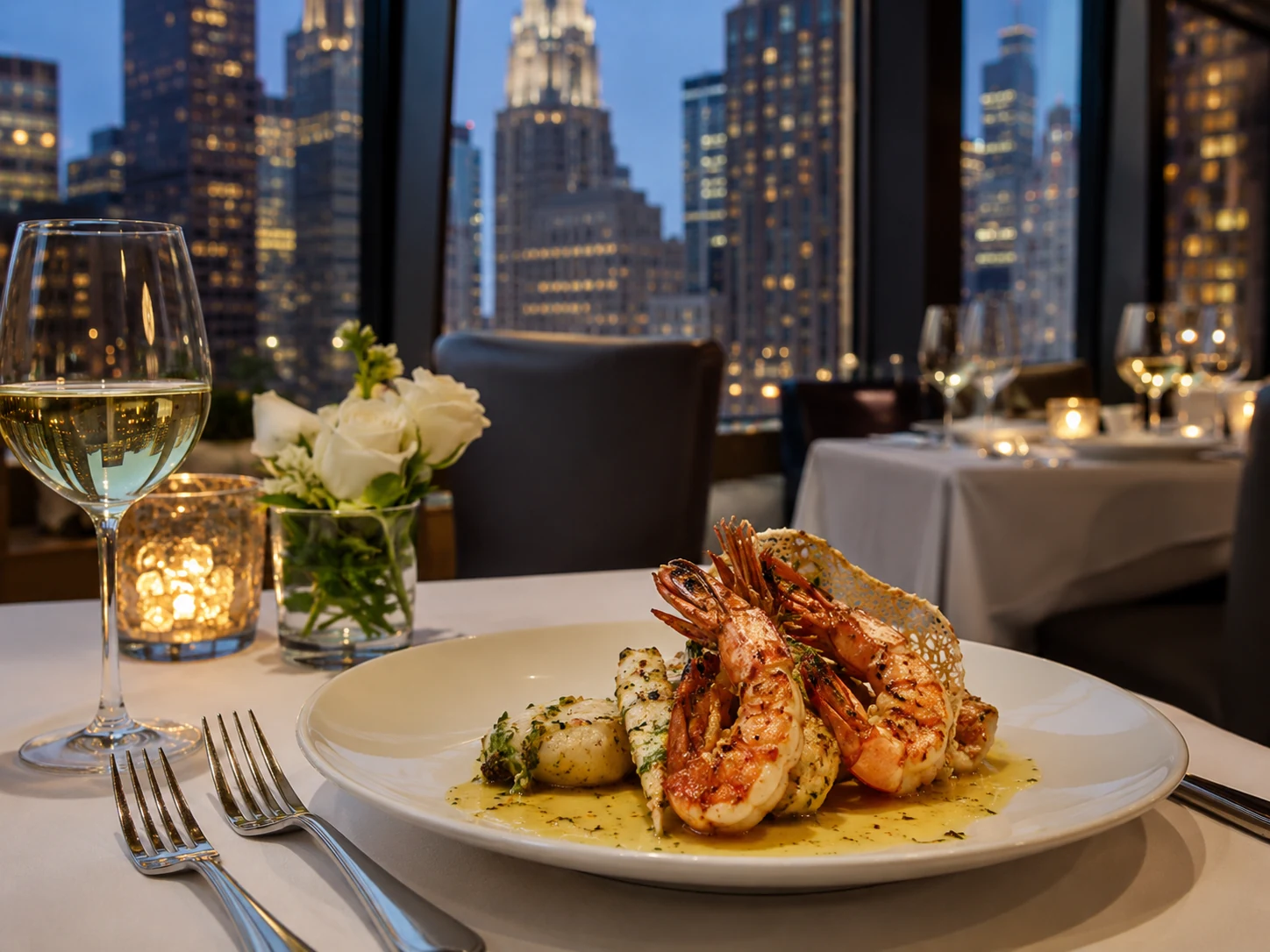Seafood entree at an upscale Downtown Chicago restaurant with skyline views