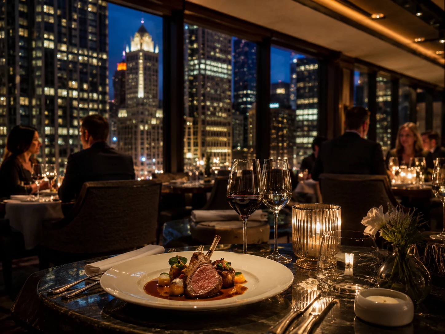 Steak dinner at an upscale Downtown Chicago restaurant with city views