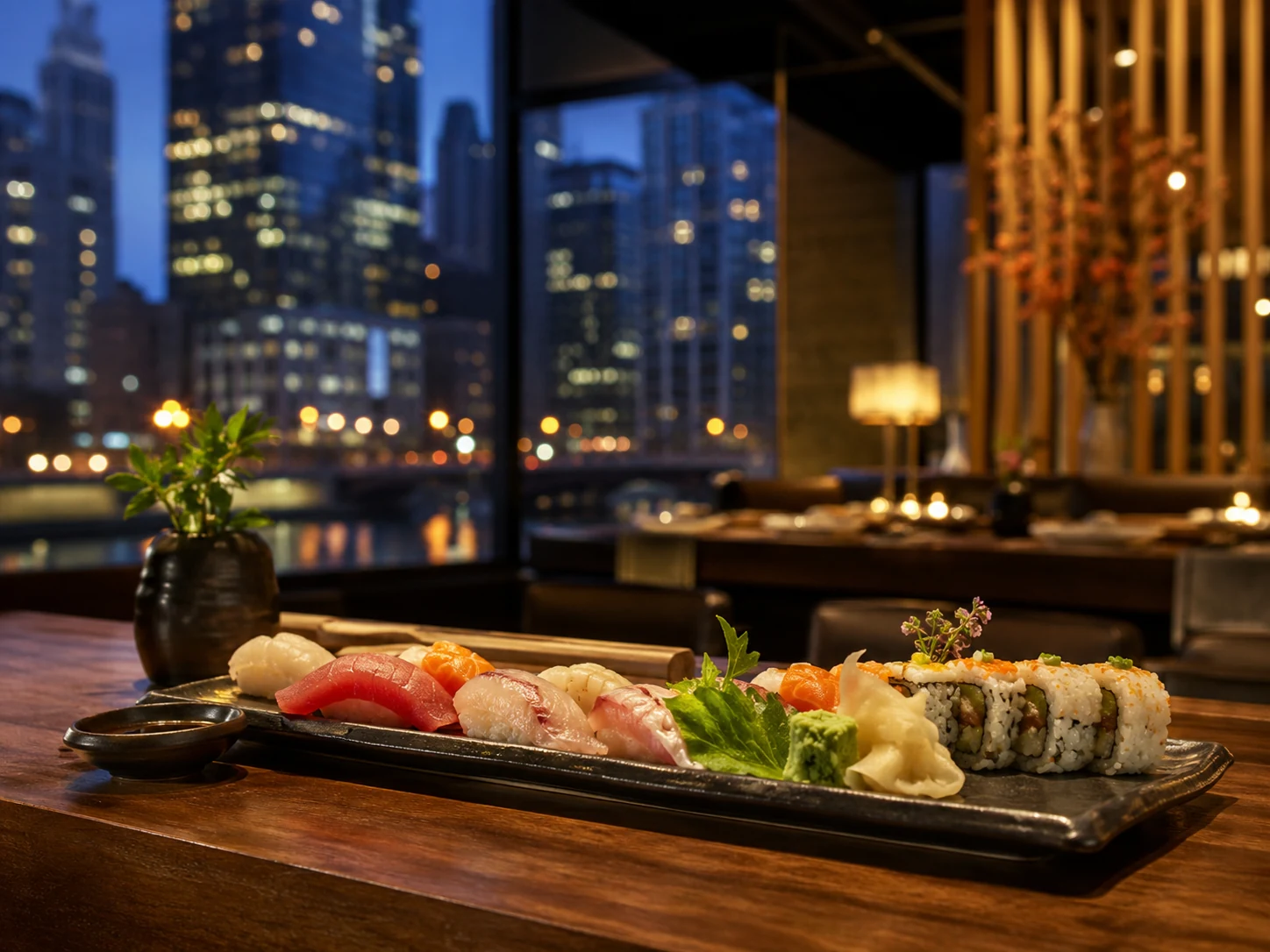 Sushi and Japanese dining in Downtown Chicago with evening city lights