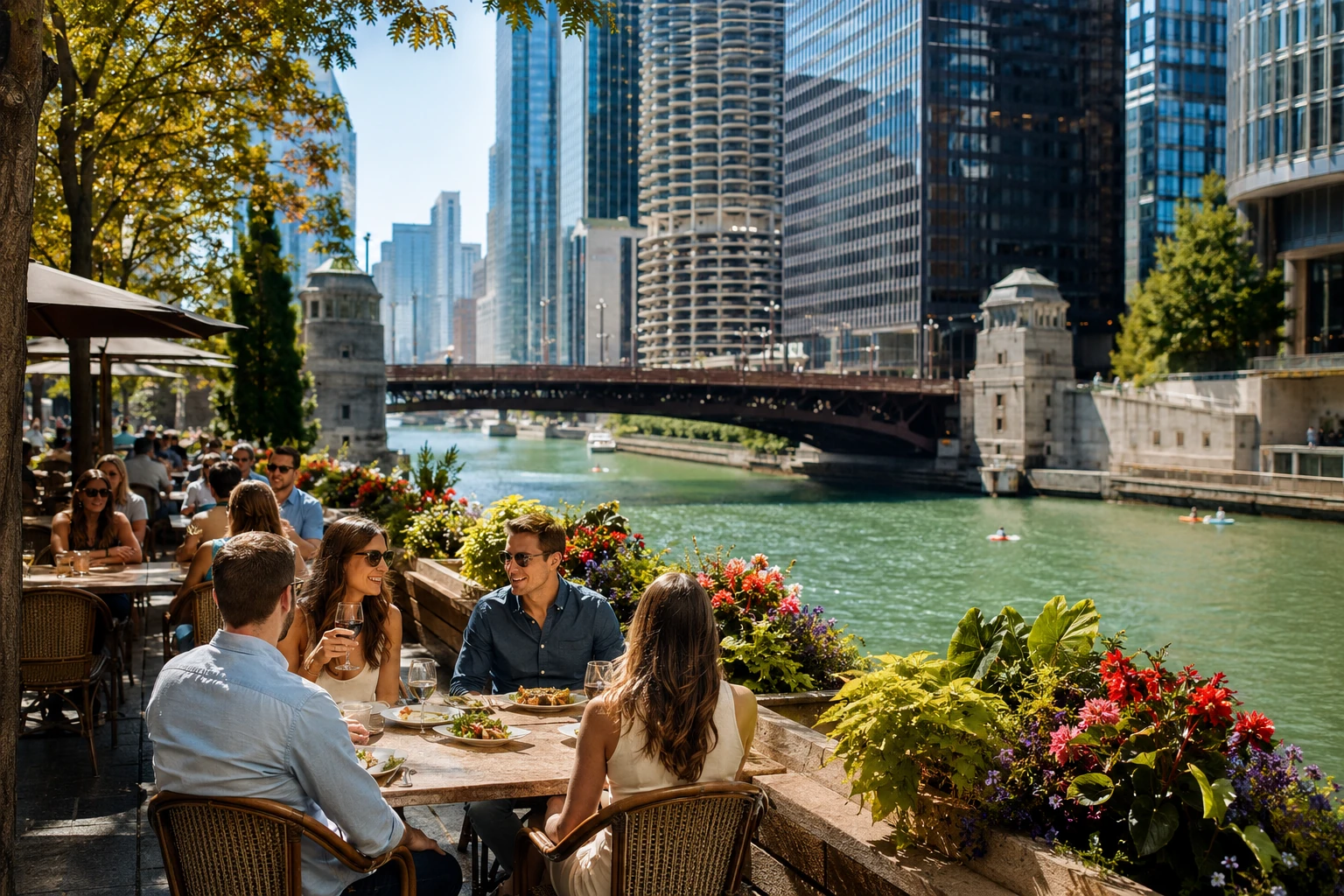 Restaurant patio dining along the Chicago Riverwalk with downtown skyline views