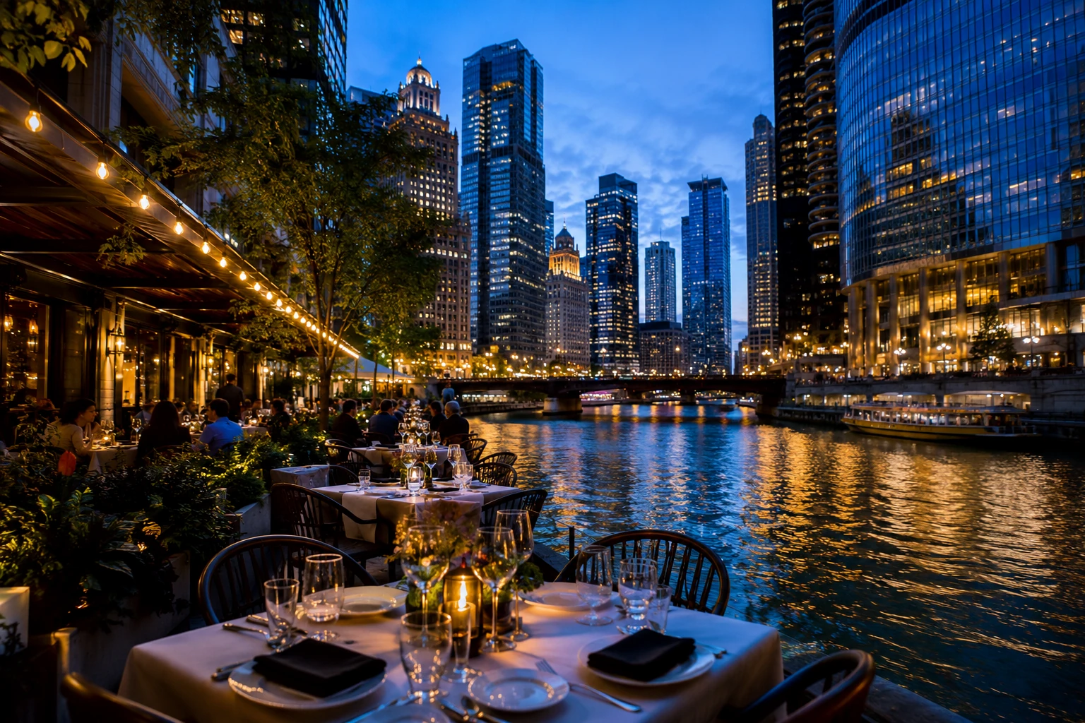 Outdoor restaurant dining along the Chicago River with the Downtown Chicago skyline at dusk