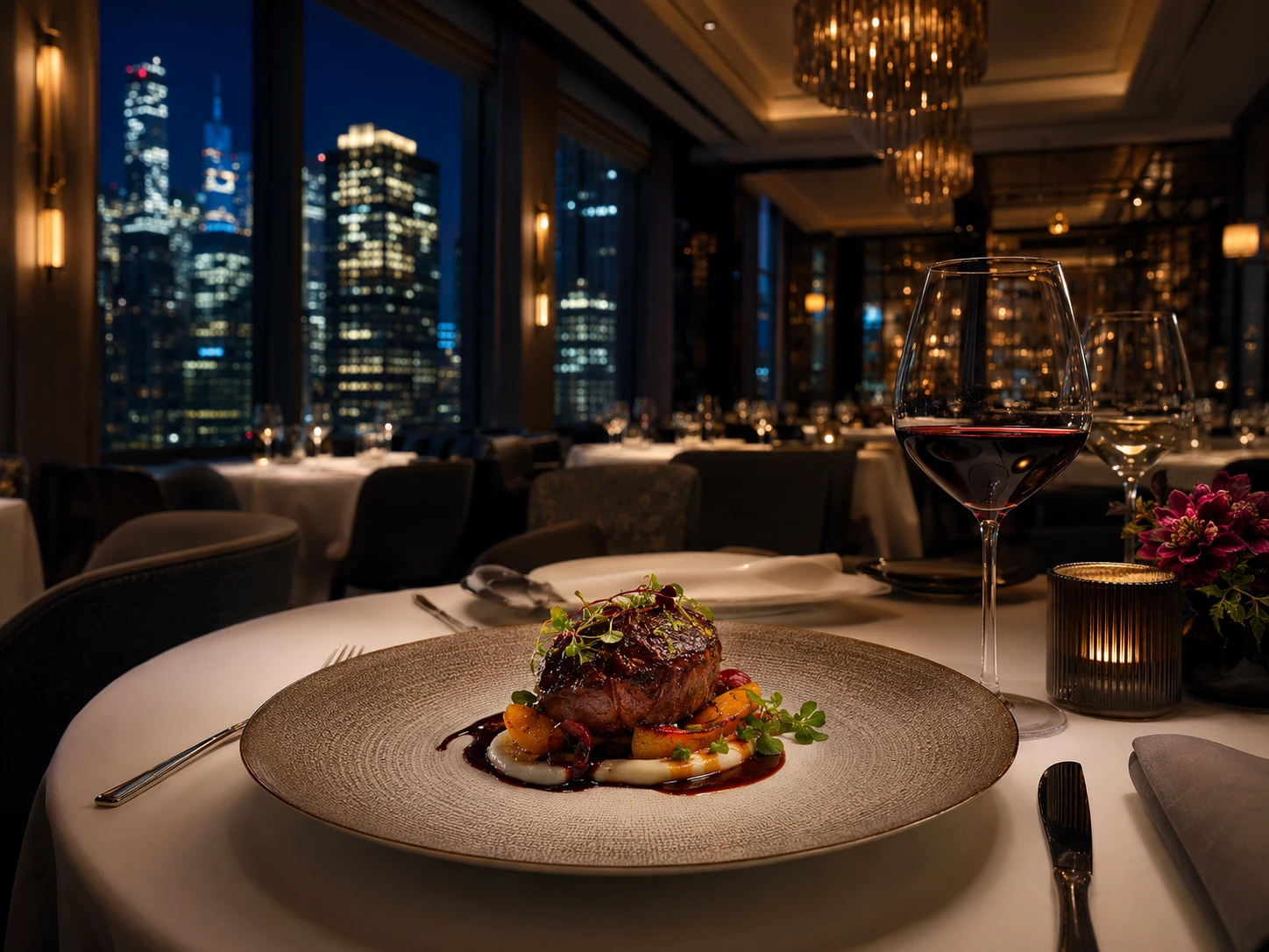 Elegant Downtown Chicago fine dining restaurant with a gourmet plated dinner and wine