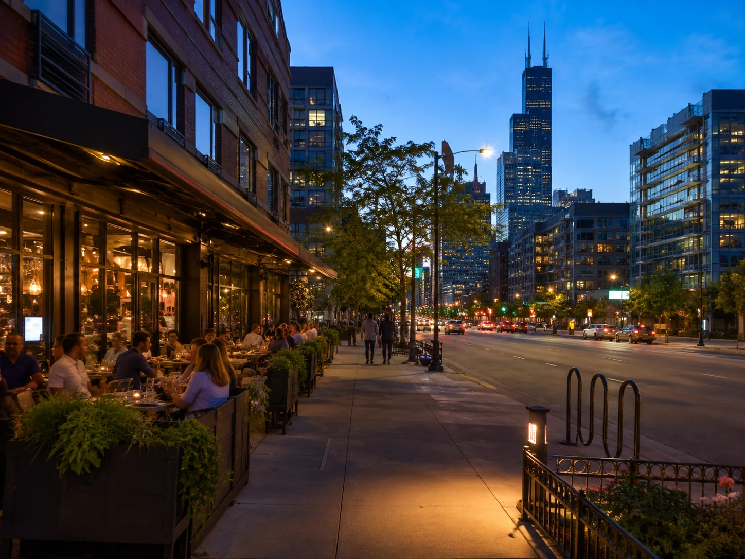 River North restaurant street scene in Chicago with outdoor dining at blue hour
