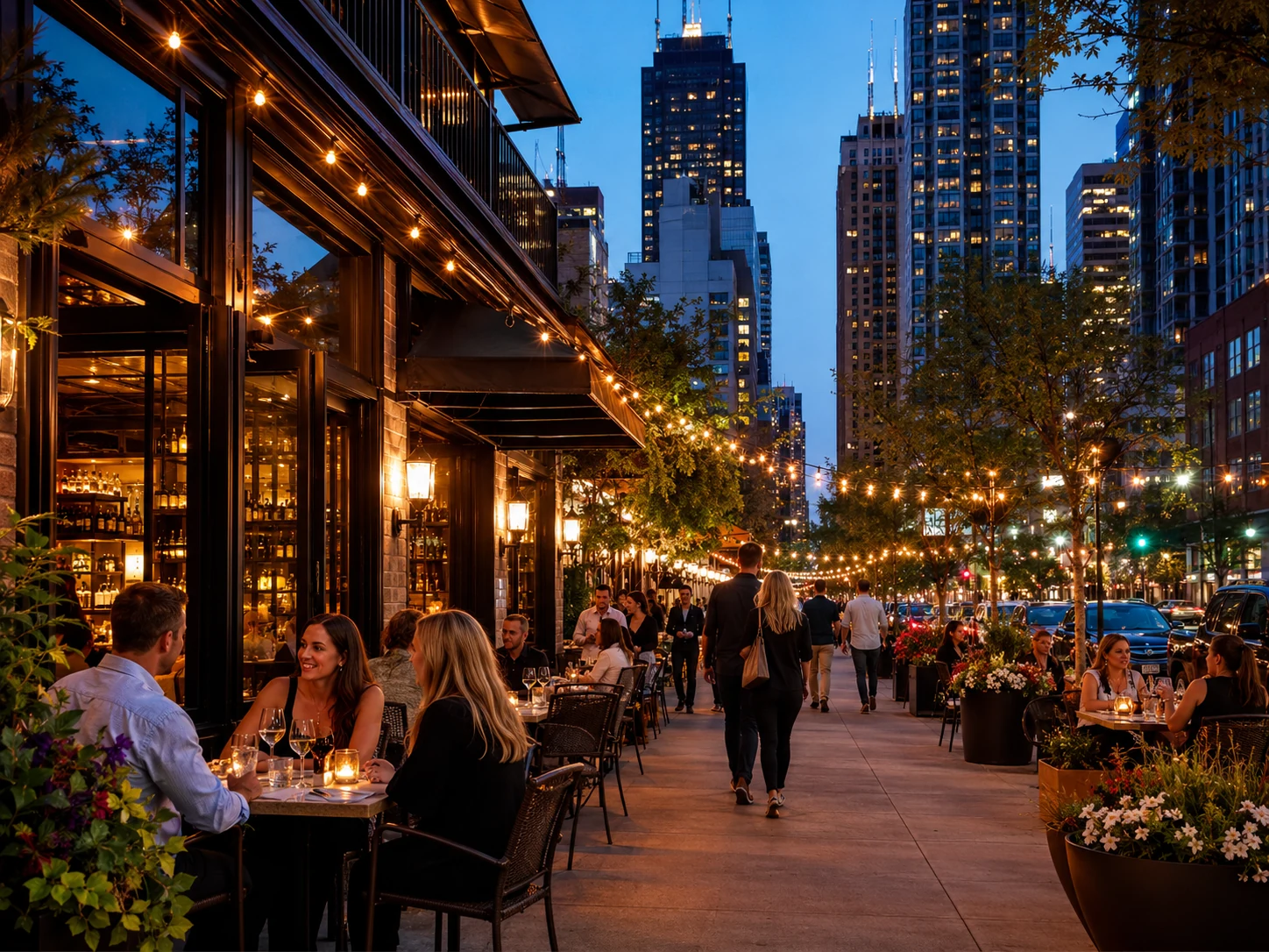 South Loop restaurant street scene in Chicago with evening outdoor dining