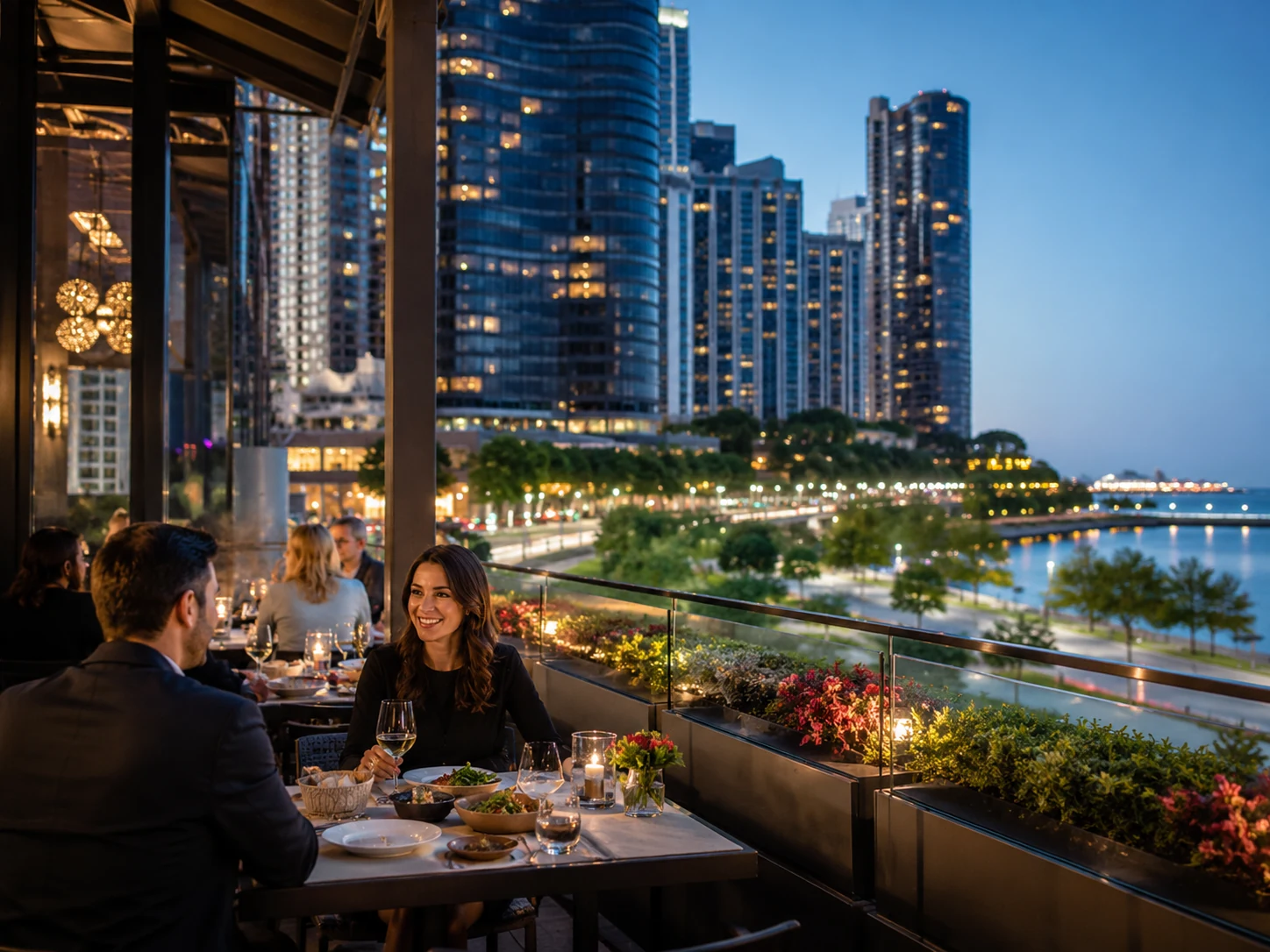 Streeterville dining terrace in Chicago near the waterfront at dusk