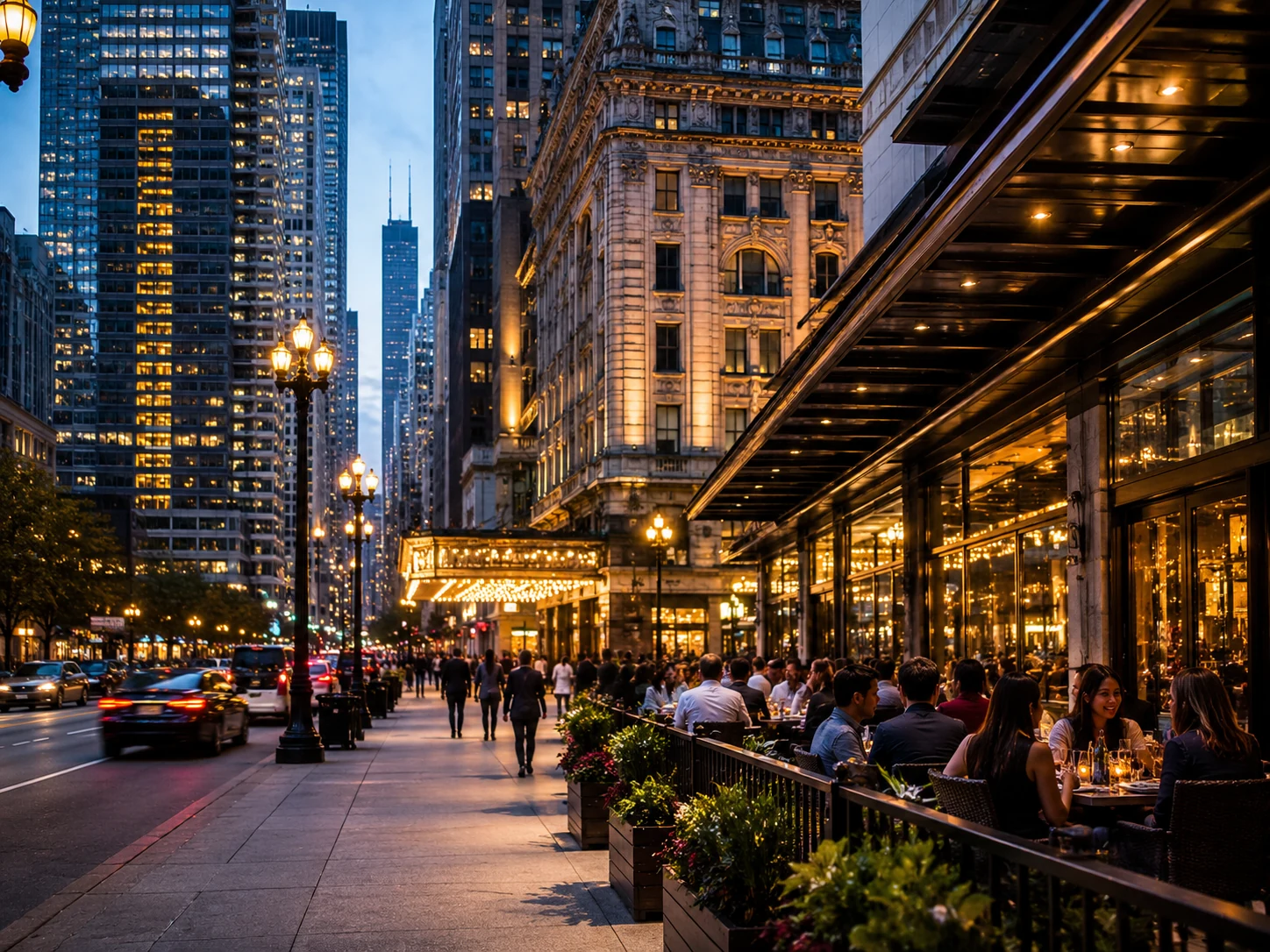 Downtown Loop restaurant district in Chicago with evening lights and outdoor dining