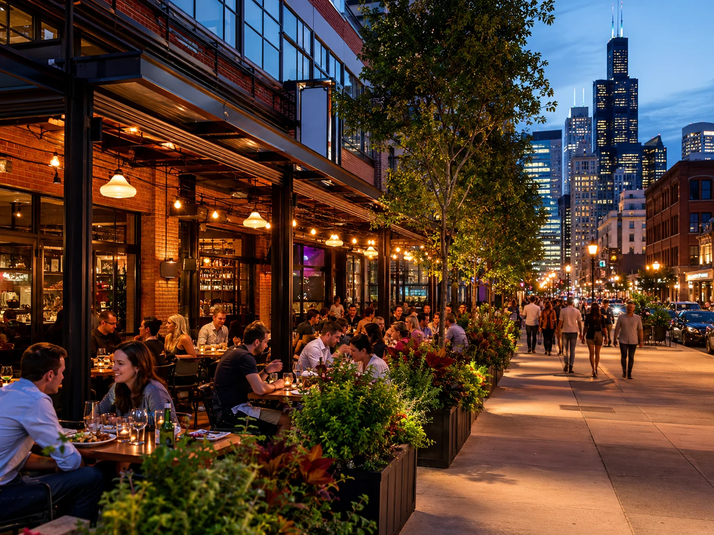 Busy West Loop outdoor dining scene in Chicago during the evening